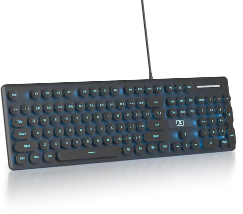 iRoboosta Teclado retro negro de tamaño completo, 104 teclas retroiluminadas por LED, teclado de membrana con cable con almohadilla numérica, ultra delgado y silencioso, teclado de computadora para el