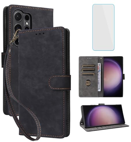 IUQXU RFID Wallet Phone Case for Samsung Galaxy S25 Ultra 5G Black | with Screen Protector,Leather Flip Cover,Card Slot,Kickstand,Mobile Phone Case for Samsung S 25 Ultra 25S Galaxy S25Ultra 5G