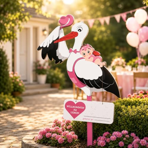 Klapperstorch Baby Rosa,Klapperstorch zur Geburt Draußen,Storch Geburt für Draussen Mädchen,Großer Storch aus Holz,Beidseitig bedruckt,Geburtsstorch inkl Holzstab+ Namensschild Grußkarte