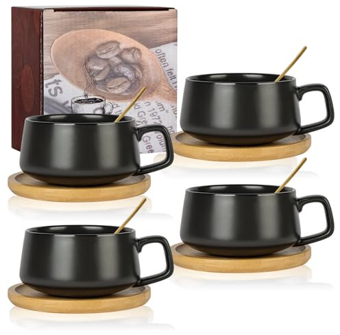 AOOTE Set di 4 Tazze da Cappuccino con Piattino, 280 Ml/Set di Tazze e Piattini/Eleganti e Moderne Tazze da caffè in Gres, per tè caffè Cappuccino, Tazze da caffè con Disco in Legn