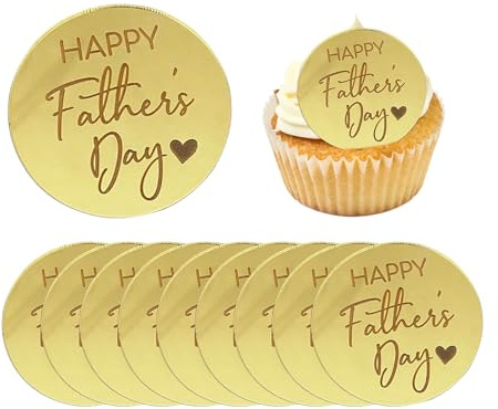 Qaziuy 10Pack Gold Acrylic Father's Day Cupcake Toppers, Round Mirror Cake Decoration
