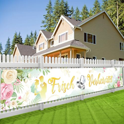DPKOW Hochzeit Deko Frisch Verheiratet Banner, Grün Gold Hochzeit Banner für Garten Haus Wand Deko, Hochzeit Außen Absperrband Deko, Elegant Hochzeitszeremonie Willkommensschild, 270 * 40 cm