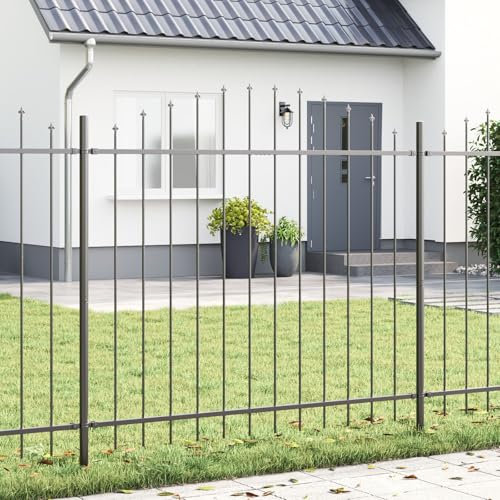 vidaXL Valla de Jardín con Parte Superior Arqueada Gris 8,5 m x 1,5 m Barrera de Acero Recubierto de Polvo Paneles Decorativos de Cercado Juego de 5 para Límites Modernos de Granjas, Jardines de Caba