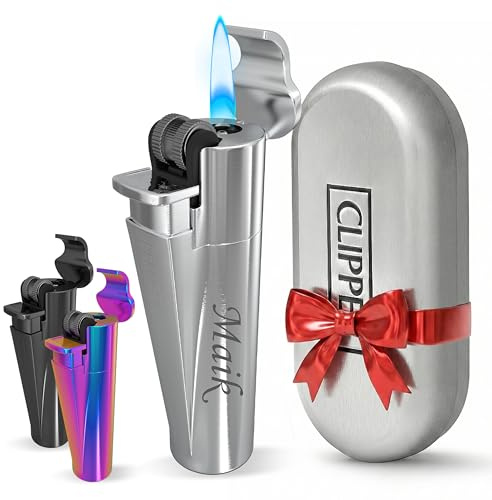 Clipper Feuerzeug mit Gravur | Personalisierbares Jetflammen-Gasfeuerzeug aus Metall | Geschenk für Männer | Graviertes Feuerzeug mit Namen | Personalisiertes Männergeschenk (Silber)