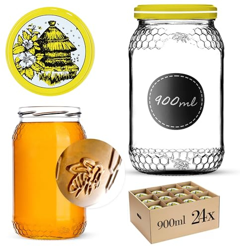 KADAX 24er Set Einmachgläser 900ml TO82 Bienenstock, Große Sturzgläser mit Schraubdeckel, Einkochgläser Fermentierglas für Gurken, Gemüse, Sauerteig