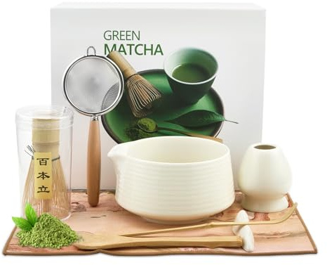 Neulriscn Matcha Set, 8 Pcs Matcha Tea Set with Ceramic Matcha Bowl and Whisk, Bamboo Scoop, Strainer, Tea Towel, Whisk Holder, Matcha Kit for Ceremony, Gift for Beginners and Enthusiasts (White)