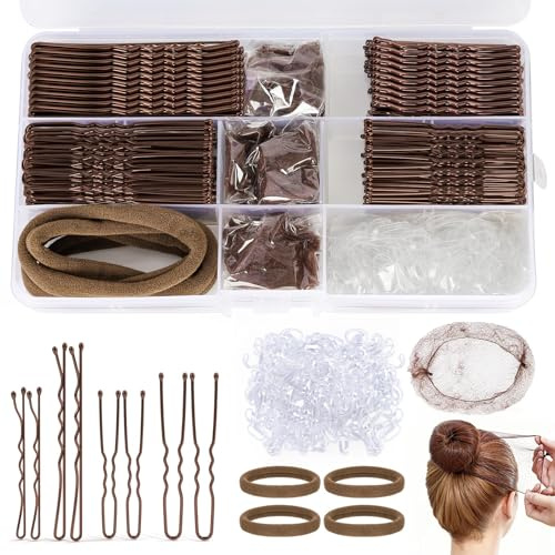 HONZUEN 385 Pcs Marron Pince Cheveux Femme Bijoux Cheveux Kit–150 Pinces U, 125 Epingles Plates, 100 Petit Elastique Cheveux, 6 Filet Chignon, 4 Chouchou – Barrette Chignon Accessoires avec Boîte