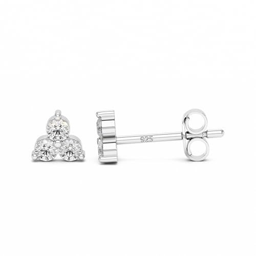 Heather Needham Silver Three-Stone Cubic Zirconia Stud Earrings for Women & Girls – Rhodium-Plated 925 Sterling Silver Trio Studs – Classic Sparkly CZ Earrings – 5mm - AJER716