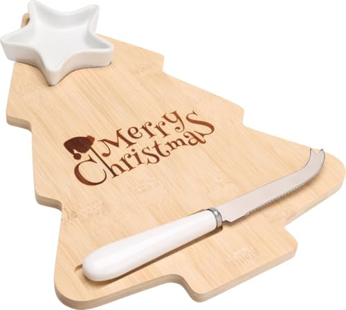 itsisa Weihnachtliches Käsebrett mit Messer und Dipschale - Käse Brett Weihnachten, Servierbrett, Käsemesser, Servierschalen Stern, Schalen