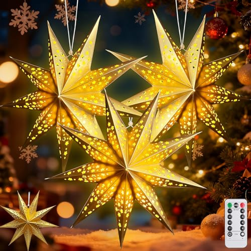 3Pcs Papierstern Lampenschirm,50cm LED Papiersterne Zum Aufhängen mit Fernbedienung und Timer,Papierstern mit Beleuchtung 8 Leuchtmodi,Papierstern Beleuchtet zum Aufhängen,Weihnachtsstern Beleuchtet