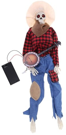 YROHGKPN Squelette de banjo animé sinistre à collectionner drôle de cowboy crâne Statue de banjo multilingue animé drôle
