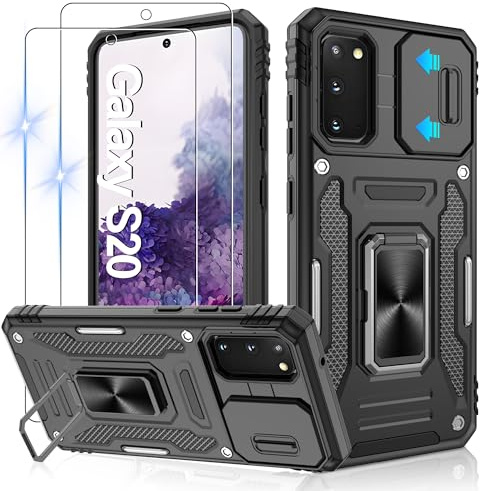 Jshru Hülle für Samsung Galaxy S20 Handyhülle Kameraschutz mit 2 Stück Schutzfolie Militärstandard Stoßfest Schutzhülle 360° Metall Ring Ständer Case für Galaxy S20,Schwarz