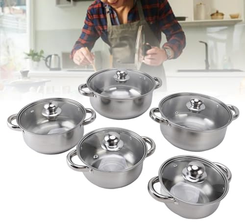 HEEPDD Juego de Utensilios de Cocina de Acero Inoxidable de 5 Piezas, Ollas y Sartenes con Tapas de Vidrio, Aptos para Lavavajillas para Cocina, Cocina Casera, Sopa, Olla,