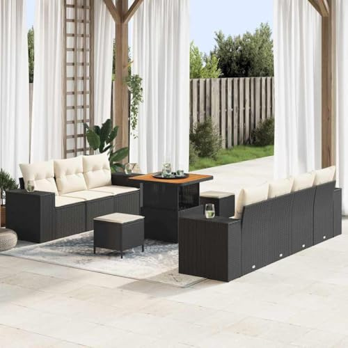 Bucmath Gartensofa-Set 10-teilig, Schwarz-Creme Poly Rattan, Modulares Loungeset für Terrasse, UV-beständig, mit Kissen, Outdoor Möbel