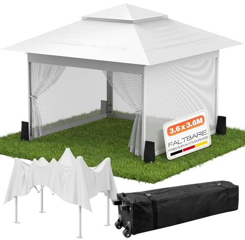 Huracan Pavillon Pliant Pop-up pour Jardin 3,6x3,6m, imperméable pavillon avec moustiquaires latérales et Sacs de Sable, pavillon de Jardin réglable en Hauteur, Tente de Jardin à Double Toit, Blanc