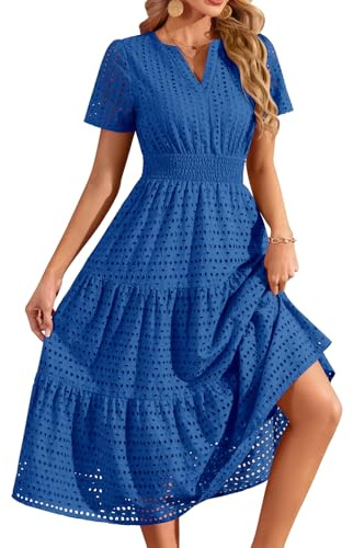 PASUDA Vestidos Verano Mujer Largo Elegante Vestido Mangas Cortas Cuello V Algodón Fiesta Vestidos Sueltos Casual Vestido de Playa Bohemio con Bolsillos