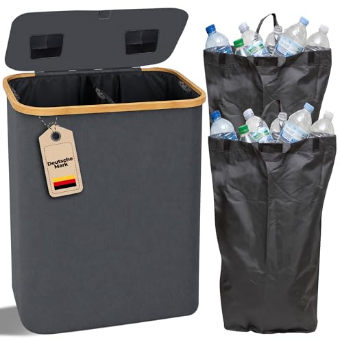 MySalvora 140L Pfandflaschen Sammlerbehälter mit Bambus Deckel & XXL Tragetaschen, Flaschensammler für Leergut & Altglas, 2 Fächer Organizer mit Lochdesign, Recycling Behälter für Küche & Abstellraum