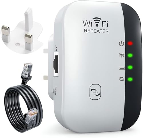 WiFi Range Extender, WiFi Signal Booster Wireless Signal Amplifier 2.4GHz 300Mbps Band up to Internet Range Booster with Integrated Antennas LAN Port, Easy Setup (White)