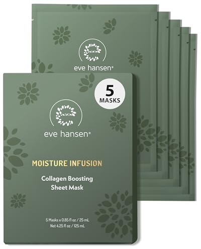 Eve Hansen Collagen Sheet Mask (5 Pack) – Hydrating Face Masks Skincare with Hyaluronic Acid – Plumping Firming Facial Sheet Mask for Mature & Dry Skin – Vegan