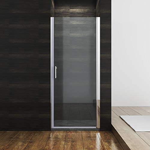 SONNI Pendeltür für Nische aus 5 mm ESG-Nano-Glas, 90 × 185 cm | Rahmenloses Design, Hebe-Senk-Pivotsystem, Nano-Beschichtung, Edelstahl-H-Griff, beidseitig montierbar