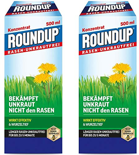 Gardopia Sparpaket: Roundup Rasen-Unkrautfrei Konzentrat Unkrautvernichter, 2 x 500 ml + Zeckenzange mit Lupe
