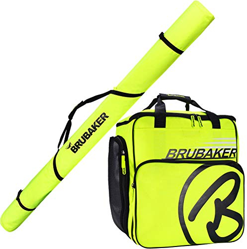 BRUBAKER Combo Set XC Touring Champion - Cross-Country Ski Bag and Ski Boot Bag for 1 Pair of Skis + Poles + Boots + Helmet -Neon Yellow/Black - 76 7/8 Inches / 195 Cm