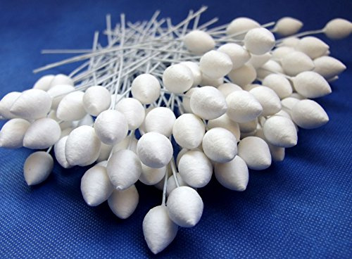 ICRAFY 50 White Lotus Cotton Stamen Pollen Flower Wire Stem Craft Artificial Scrapbook Floral Round Wire Stem Card, Size Diameter 10 mm.