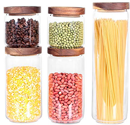 Glass Canisters Set of 5 for the kitchen, Glass Storage Container jars with Airtight Acacia Lid for Coffee Beans, Flour, Sugar, Rice and Spaghetti and etc