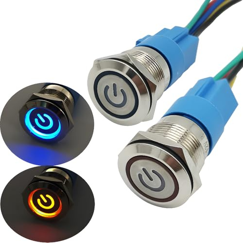 CESFONJER Selbstsperrender Latching Drucktastenschalter Mit Power-Symbol, IP67 LED-Taster, LED Druckknopf für Auto mit 23cm Kabel Kit für 19mm 3/4Montagebohrung 12V Power 2 Pcs (Rot+Blau)