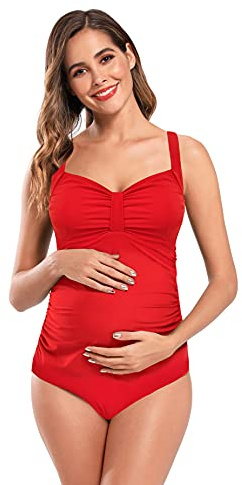 SHEKINI Costumi Interi Premaman Bikini da Bagno maternità Beachwear Plissettato con Scollo a V. Monokini Imbottite da Donna Gravidanza Taglie Forti 3XL (Rosso, M)