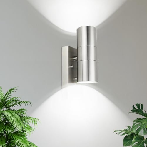 Applique Led Da Esterno Con Interruttore Crepuscolare Moderna Applique In Acciaio Inox Ip44 Per Giardino E Ingresso Illuminazione Verso L'Alto E Verso Il Basso Incl. Lampadina Gu10 Bianco Freddo