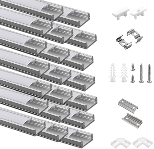 20-PACK LED Profil Aluminium 20 x 1m, U-Form Aluminiumprofil mit milchiger Abdeckung für LED-Strips, Endkappen, und Montageklammer für LED-Streifen, sehr einfache Installation