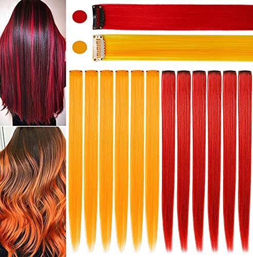 JCHDWSGUO 10 Stück Farbige Haarverlängerungen 21 Zoll Hitzebeständige Synthetische Glatte Bunte Haarverlängerungen Clip in Mädchen Damen Holiday Party Hair Highlights (Rot,Orange) | Hitzebeständige Synthetische Glatte Bunte Haarverlängerungen Clip in Mädchen Damen Holiday Party Hair Highlights