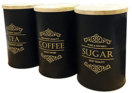Nobel - Vintage Home Tea Sugar Coffee Biscuits Bread Pasta Canisters with Lid -Black (Tea Coffee Sugar with Wooden Lid)
