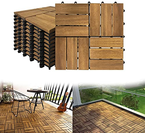 YRHome 5m² Akazienholz Holzfliesen Bodenfliese Balkon 30x30cm Balkonfliesen Terrassenfliese Klickfliese Klicksystem Bodenbelag Drainage für Terrassen Balkon Garten (Typ B, 55 Stück | 5m²)