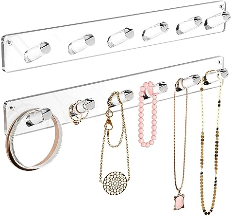 MaxGear Clear Acrylic Necklace Holder 2-Pack, Wall Mounted Jewelry Organizer with 12 Hooks, Tangle-Free Display for Necklace, Bracelet, Bangles, Ring, Perfect for Bathroom, Vanity, Closet Door