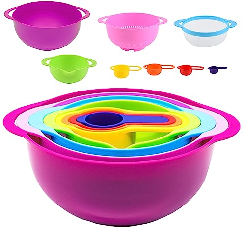 Lot de 8 bols mélangeurs antidérapants avec 2 bols mélangeurs, 1 passoire en filet, 4 gobelets mesureurs, 1 passoire, bols de service empilables, lot de gobelets doseurs, bols mélangeurs