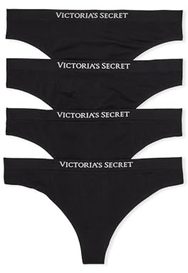 Victoria's Secret Seamless Thong Underwear Pack, Smooth Fabric, Panties for Women, 4 Pack, Black (L)