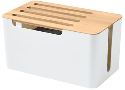 Kabelmanagement Box Mit Holz Deckel, Rechteckige Weiß Kunststoff Schreibtisch Router Organizer Kabelkasten Für Verstecken TV Computer Steckdosen,Weiß