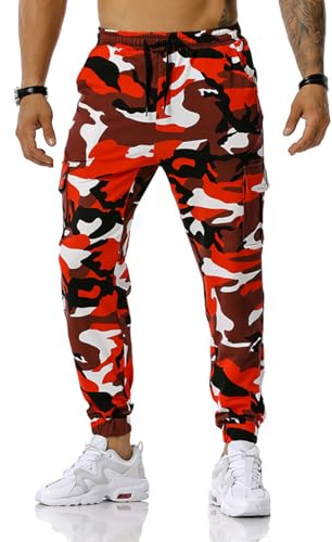 maxToonrain Pantalones deportivos de camuflaje para hombre, ajuste holgado, con cuatro bolsillos, cintura elástica para senderismo, combate, gimnasio, entrenamiento, rosso, XXL