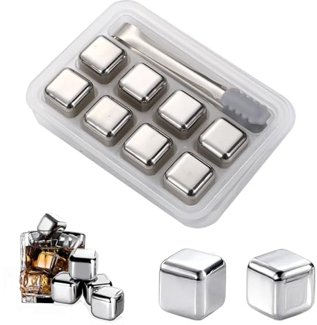 Eiswürfel wiederverwendbar,Eiswürfel Edelstahl，Eingefroren Eiswürfel, wiederverwendbare eiswürfel Steine set inkl Zange 8er Ice Cubes Kühlsteine für eisgekühlt Whisky,Wodka,Likör,Wein, Getränkesaft.