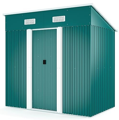 XEMQENER Garden Storage Shed with Base, 4x6 FT Outdoor Storage Shed, Lockable Metal Garden Sheds with Door and Roof for Gardening Tools & Equipment, Bike, 194x121x182cm, Dark Green