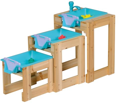 TollesfürKinder Wasserspieltisch mit Wasserhahn und 3 Boote, Wassertisch Kinder Outdoor aus Naturholz mit Wasserbecken, Schlauchanschluß, 3 Wasserbecken für Wasserfall und Staudamm