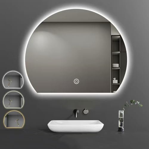 Moderner Rahmenloser Halbrunder Spiegel Mit Licht, Led-badezimmerspiegel,40cm/50cm/60cm/70cm/80cm Wandspiegel, Beleuchteter Spiegel, 3 Farben Dimmbar, Intelligente Touch-steuerung(Size:70CM,Color:A)