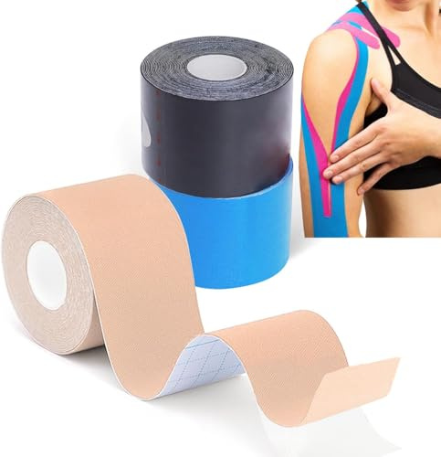 LiangMai Kinesiology Tape (3 Rolls,5cm*5m) Waterproof Sports Tape for Athletes Physio Elastic Tape Muscle Tape for Knee, Shoulder, Ankle, Plantar & Body Support & Kinetic, Flexible(Black+Blue+Beige)