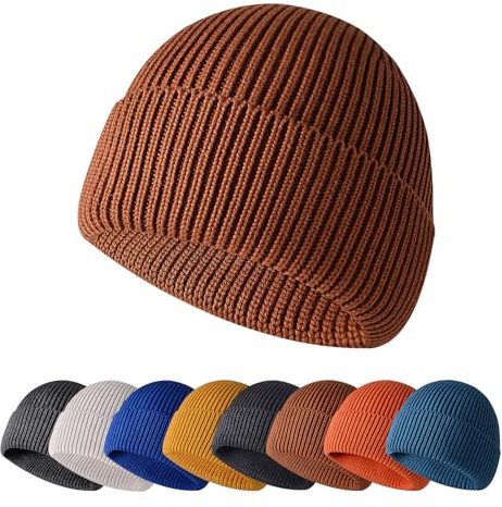 Enwokran Vintermössa hatt, unisex stretchig vindtät mjuk manschett dödskallemössa, daglig termisk randig kamhats upprullad kant för löpning fiske skidåkning cykling utomhussport, Brun, one size