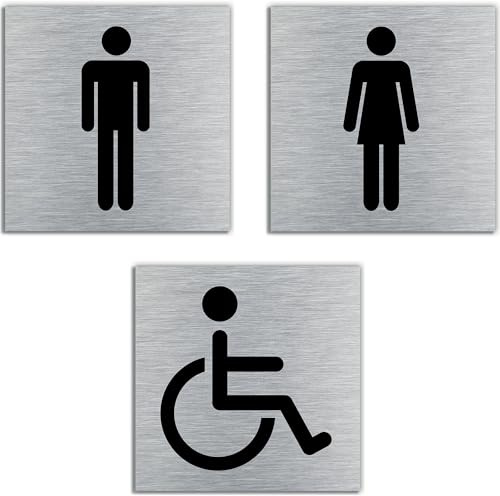 Stileitaliano Targhetta bagno Donne Uomini Disabili adesiva Targa Porta Toilette WC adesivo donna uomo targhette metallo targhe 3 pezzi 10cm (Alluminio Spazzolato)