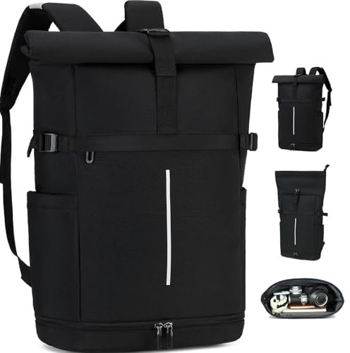 Myhozee Damen Rucksack Herren Schwarz - Rolltop Backpack Groß Reiserucksack Laptop Backpack Daypack Damen mit 15.6 Zoll Laptopfach & Schuhfach für Fahrrad, Arbeit, Uni - Wasserabweisend
