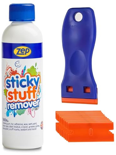 Zep Sticky Stuff Remover With Plastic Scraper Tool & 10 Blades - 250ml Work As A Sticker Remover, Sticky Label Remover, Adhesive Remover, Car Sticker Remover And Much More