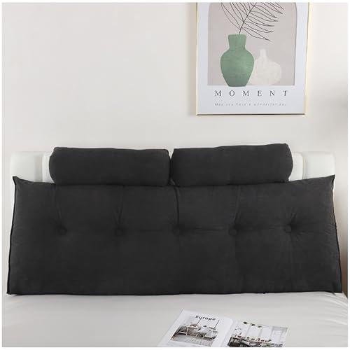 ZTGL Bett Rückenkissen mit Kopfstütze, Groß Rückenlehne mit Seitenfach & Abnehmbar Waschbar Bezug, Ergonomisch Rückenstützkissen Lesekissen Wandkissen zum Anlehnen im Bett,Schwarz,200x20x50cm